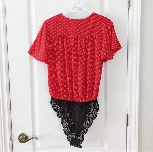 Free People Uptown Girl Bodysuit red and white polkadot lace Small T2 - Picture 3 of 8